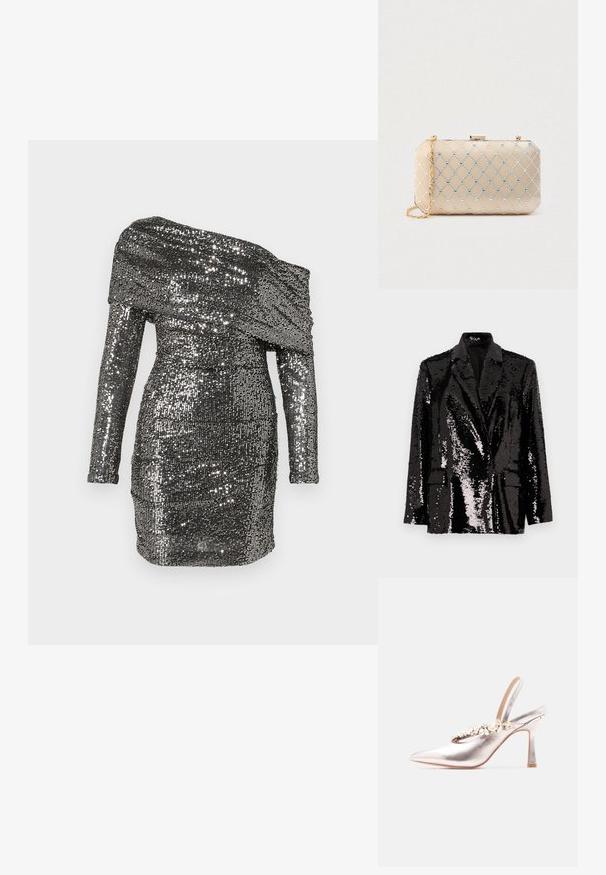 Blazer negro de lentejuelas con mangas largas, cuello con muesca, dos bolsillos frontales y un forro interior suave. Textura de superficie brillante.; Vestido con lentejuelas que presenta un escote descubierto en los hombros, mangas largas y una silueta ajustada. Confeccionado en tela metálica en tonos plateados.; Tacón slingback plateado con punta afilada, que presenta una correa con piedras decorativas transparentes y doradas sobre un fondo blanco.; Bolso de mano dorado con patrón de celosía de cristales iridiscentes y correa de cadena dorada sobre un fondo claro y liso.
