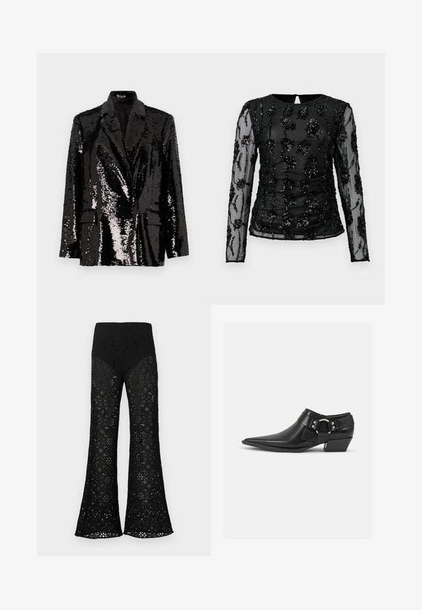 Blazer negro de lentejuelas con mangas largas, cuello con muesca, dos bolsillos frontales y un forro interior suave. Textura de superficie brillante.; Top negro de manga larga hecho de tela transparente, con patrones florales bordados adornados con lentejuelas y detalles de fruncido a lo largo del cuerpo.; Pantalones negros de encaje de cintura alta con piernas acampanadas, con patrones florales troquelados en toda la tela.; Botas de cuero negras hasta el tobillo con puntera puntiaguda, que presentan una correa de cuero en la parte delantera y un detalle de hebilla plateada, además de un tacón bajo y cuadrado.