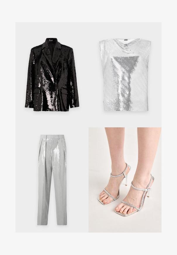 Sort pailletjakke med lange ærmer, klapkrave, to forlommer og en glat inderforing. Skinnende overfladestruktur.; Rabanne Top - silver-coloured; Good American SUITING GOOD TROUSER - Bukser - grey; Fødder iført sølvfarvede højhælede sandaler med tynde stropper og firkantede tå, som står på en lys overflade.