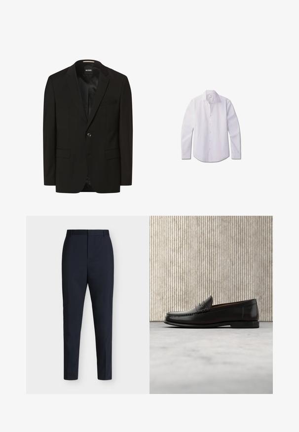 Sort blazer med spidse lapeller, enkelt knaplukning, to frontlommer, glat tekstur og indre foring. Mærke: BOSS.; Hvid langærmet skjorte med knapper, lavet af glat stof, med klassisk krave, front med knapper og rundet kant.; Mørkeblå formelle bukser med slim pasform, bæltestropper og skjult frontlukning, vist fladt på en ensartet lys baggrund.; Sort læder penny loafer med lav hæl, rundet tå og syningsdetaljer langs fronten og siderne, vist på neutral baggrund.