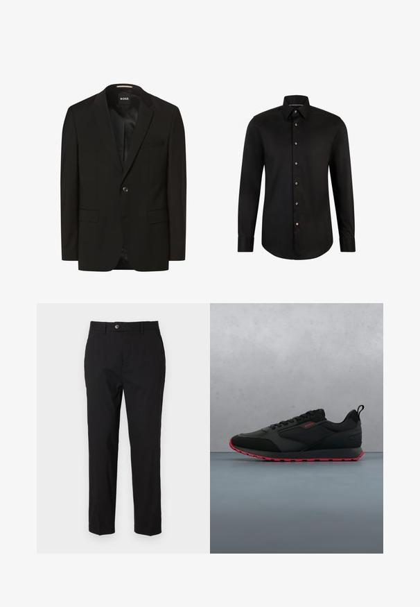 Sort blazer med spidse lapeller, enkelt knaplukning, to frontlommer, glat tekstur og indre foring. Mærke: BOSS.; Sort skjorte med lange ærmer, knap-ned krave og frontknaplukning. Glat stoftekstur med buet kant og kontrasterende knapdetaljer.; Sorte bukser lavet af glat stof, med knaplukning, bælteholdere og to sidelommer. Lige ben-udsnit med minimal detaljering.; Sort atletisk sko med en glat tekstiloverdel, rød gummisål, snørelukning og en bageste træksløjfe for nem påføring.