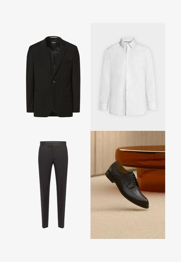Sort blazer med spidse lapeller, enkelt knaplukning, to frontlommer, glat tekstur og indre foring. Mærke: BOSS.; Hvid skjorte med lange ærmer, spredt krave og knapmanchetter, vist forfra på en ensfarvet lysegrå baggrund.; Sorte skræddersyede bukser med en glat overflade, lige snit, bæltestropper og forklaring for et poleret look.; Sort læder snøresko, der svæver over beige tæppe med et rundt orange bord i baggrunden.