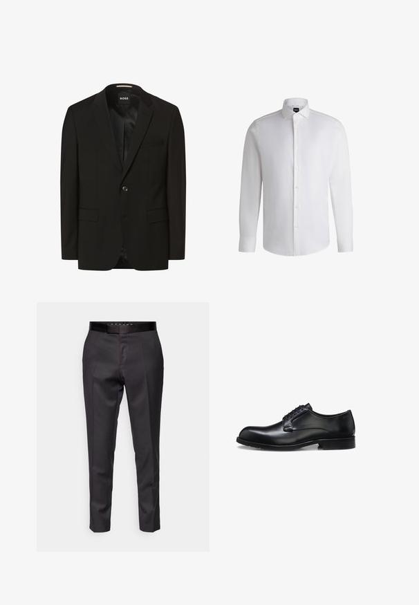 Sort blazer med spidse lapeller, enkelt knaplukning, to frontlommer, glat tekstur og indre foring. Mærke: BOSS.; Hvid langærmet skjorte lavet af glat bomuld, med klassisk krave, fuld knaplukning og knapmanchetter. Minimalistisk design.; Skræddersyede sorte bukser med en glat tekstur, smalle ben og en slank talje. Har frontfolder og et minimalistisk design.; Sort poleret læder herresko med lukket snøresystem, lav hæl og diskret mærkedetalje nær hælen på hvid baggrund.