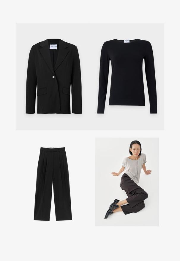 Blazer noir à un bouton avec col cranté et poches à rabat, présenté sur fond blanc.; Chemise noire à manches longues en tissu doux, avec un col rond, une coupe droite et des coutures minimales pour une apparence épurée.; Pantalon noir à jambes larges avec plis sur le devant, passants pour ceinture et poches latérales, conçu pour une coupe ajustée.; Haut gris clair à manches courtes, pantalons larges foncés, et mocassins noirs. Tissu lisse, coupe décontractée, et bordure contrastante sur la chemise.
