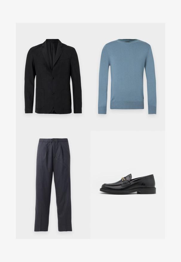 Sort blazer lavet af glat stof med notch-krave, to forlommer, enkelt knaplukning og minimalistisk design.; Lyseblå sweater lavet af glat strikket stof med lange ærmer, ribkant ved halsudskæringen og kant. Har et enkelt design uden mønstre.; Mørkeblå bukser lavet af blødt stof med plisseret frontdesign og elastisk talje. Funktioner en knappelukning og lige ben.; Sorte læder loafers med en rund tå, der har guld hardware accent og syningsdetaljer, placeret på en lav, tekstureret gummisål.