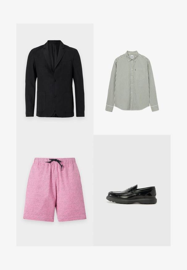 Sort blazer lavet af glat stof med notch-krave, to forlommer, enkelt knaplukning og minimalistisk design.; Langærmet skjorte med knaplukning i hvid og oliven vertikale striber og en frontlomme på en hvid baggrund.; Lyserøde badebukser med mønster, elastisk talje og sort snor. Materialet virker let og har en struktureret overflade.; Sort læderloafer med en blank finish, rund tå, subtile syninger og en tyk gummisål for holdbarhed.