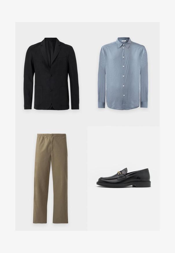 Blazer noir en tissu lisse, avec un col à revers cranté, deux poches avant, une fermeture à un bouton, et un design minimaliste.; Chemise à manches longues rayée bleu et blanc, avec col et boutons blancs, présentée à plat sur un fond blanc.; Pantalons kaki en tissu léger. Dotés d'une taille élastique, d'une fermeture à boutons, de jambes droites et d'une texture lisse.; Mocassins en cuir noir avec un embout rond, présentant des accents en métal doré et des détails de couture, montés sur une semelle en caoutchouc texturé et basse.