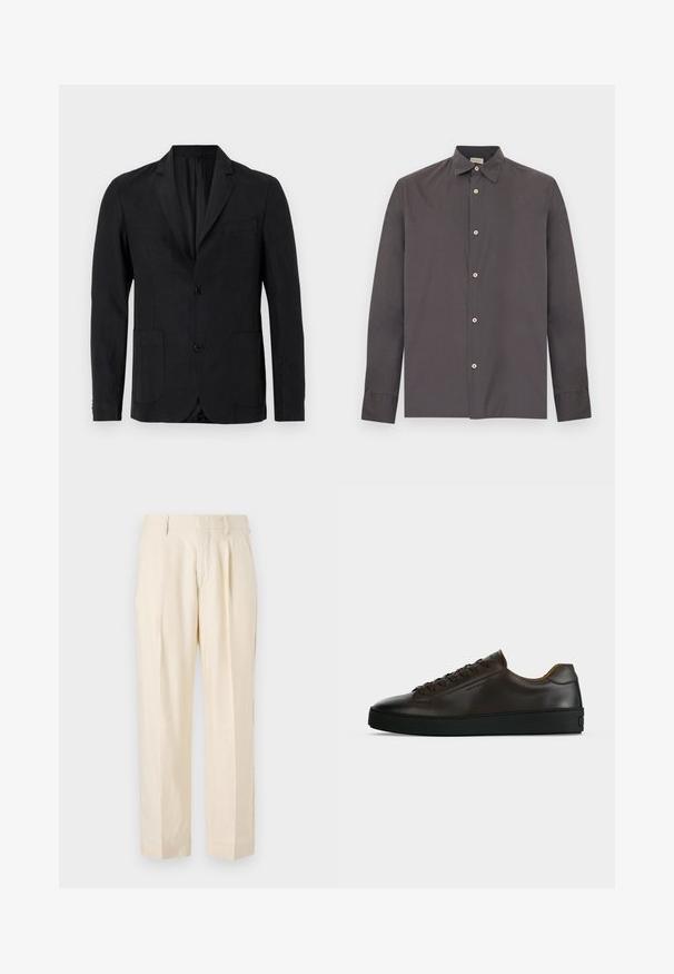Sort blazer lavet af glat stof med notch-krave, to forlommer, enkelt knaplukning og minimalistisk design.; Mørkegrå langærmet skjorte med knapper og krave, beige knapper, vist fladt på en hvid baggrund.; NN.07 KAY - Bukser - off white; Lavprofil mørkebrune lædersneaker med sort gummisål, snørelukning foran og glat minimalistisk design på lys baggrund.