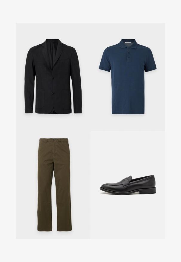 Blazer noir en tissu lisse, avec un col à revers cranté, deux poches avant, une fermeture à un bouton, et un design minimaliste.; Polo bleu marine à manches courtes avec trois boutons et un col, présenté sur un fond uni gris clair.; Pantalons en coton marron pour hommes, coupe droite, avec passants de ceinture, bouton frontal et fermeture éclair sur fond clair.; Mocassin en cuir noir avec une finition lisse, une sangle décorative sur le dessus, un bout rond et un petit talon empilé.