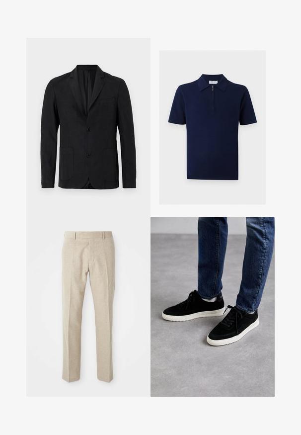 Sort blazer lavet af glat stof med notch-krave, to forlommer, enkelt knaplukning og minimalistisk design.; Navyblå kortærmet skjorte med krave og lynlås foran, ensfarvet design, vist mod en neutral baggrund.; Beige skræddersyede bukser lavet af tekstureret stof, med flad front, lige ben og en traditionel talje med bæltesløjfer.; Sorte ruskind sneakers med en hvid gummisål, der har et klassisk low-top design, rundt tå og flade sorte snørebånd.