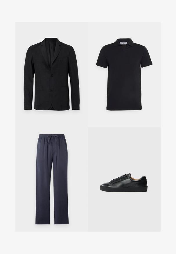 Zwarte blazer van gladde stof, met een ingesneden revers, twee zakken aan de voorkant, sluiting met één knoop en een minimalistisch ontwerp.; Zwart polosjaal met korte mouwen en een klassieke kraag, gemaakt van gladde stof. Heeft een label met de merknaam 'Filippa K' op de hals.; Navyblauwe, losse broek van zachte stof met een elastische tailleband en verstelbaar trekkoord. Rechtesnit, zonder zakken.; Zwarte leren sneaker met een gladde textuur, ronde neus en vetersluiting. Heeft een dikke rubberen zool en minimale merkaanpassing.
