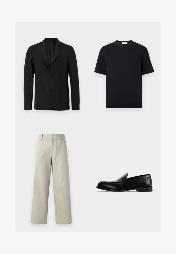 Zwarte blazer van gladde stof, met een ingesneden revers, twee zakken aan de voorkant, sluiting met één knoop en een minimalistisch ontwerp.; Zwart T-shirt met korte mouwen en ronde hals, geribbelde zoom en manchetten, effen ontwerp, gepresenteerd tegen een witte achtergrond.; Han Kjøbenhavn WIDE LEG - Broek - light grey; Zwarte leren instapschoen met lage hak, afgeronde neus en decoratieve stiksels langs de bovenrand.