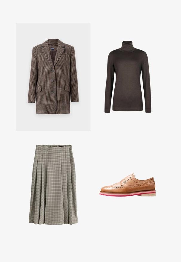Blazer en pied-de-poule marron et beige avec trois boutons, deux poches à rabat à l'avant et un col à revers, suspendu sur un fond blanc.; Pull à col roulé marron en tissu doux. Il dispose de manches longues et d'une coupe ajustée. Texture lisse avec un col et un ourlet côtelés.; Jupe plissée mi-longue avec motif pied-de-poule noir et blanc, taille haute et tissu structuré.; Chaussure en cuir marron à lacets avec des détails en brogue, semelle superposée rose et blanche contrastante, et forme de bout arrondie. Fini texturé.