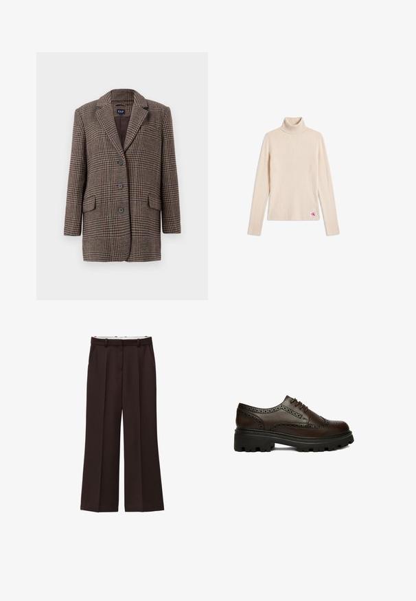 Brun og beige houndstooth-checket blazer med tre knapper, to forlommer med klap og krave med hak, hængende mod en hvid baggrund.; Beige ribstrikket langærmet turtleneck sweater med et lille logopatch nær den nederste kant på en hvid baggrund.; Viddebukser i mørkebrun stof, med høj talje, dobbelte læg og sidelommer. Glat tekstur med bæltestropper.; Mørkebrun læder brogue sko med perforerede detaljer og tyk sort rillesål, set fra siden på hvid baggrund.