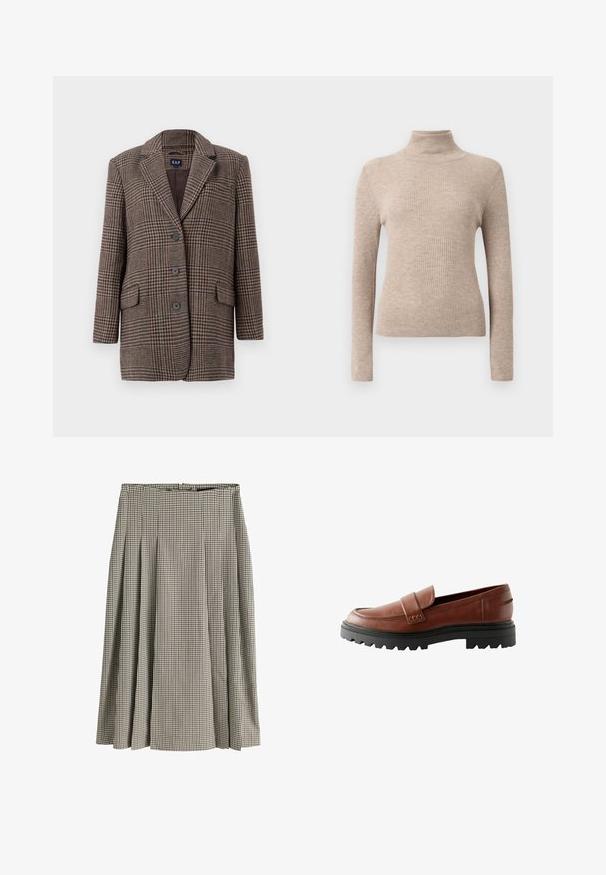 Blazer de cuadro de houndstooth marrón y beige con tres botones, dos bolsillos frontales con solapa y cuello con muesca, colgado sobre un fondo blanco.; Jersey de cuello alto de manga larga de color beige con canalé, expuesto sobre un fondo blanco liso.; Falda plisada de longitud media con patrón de pata de gallo en blanco y negro, cintura alta y tejido estructurado.; Mocasines de cuero marrón con puntera elevada, tira decorativa y suela de goma negra texturizada con un prominente dibujo.