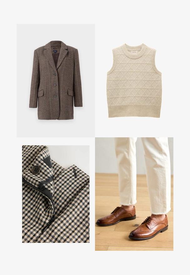 Brun og beige houndstooth-checket blazer med tre knapper, to forlommer med klap og krave med hak, hængende mod en hvid baggrund.; Beige strikket ærmeløs sweater med diamantmønster, ribbet krave og kant, lavet af blødt materiale for komfort. Mærket er synligt indeni.; Close-up af et beige, sort og hvid hundetandsmønstret beklædningsstykke med en sort knap og delvist åben sort lynlås.; Brune læder brogue sko med perforerede detaljer, rund tå og en glat overflade, parret med cremede bukser med frynset kant.