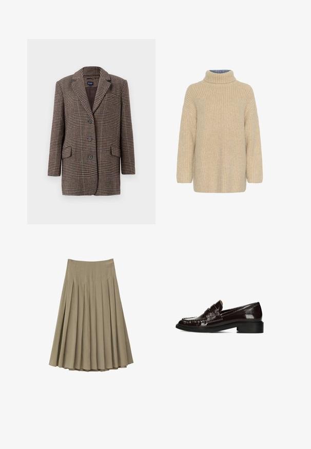 Blazer de cuadro de houndstooth marrón y beige con tres botones, dos bolsillos frontales con solapa y cuello con muesca, colgado sobre un fondo blanco.; Suéter grueso de punto en color beige con un alto cuello de tortuga con canalé, hombros caídos y un corte relajado; presenta un patrón texturizado y tejido.; Falda midi plisada beige con cintura alta, pliegues verticales distribuidos uniformemente y silueta acampanada en forma de línea A.; Mocasín de cuero marrón oscuro brillante con tacón bajo, clásica banda para moneda y punta redondeada, mostrado de perfil lateral sobre fondo blanco.