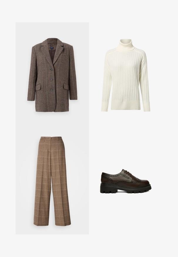 Blazer en pied-de-poule marron et beige avec trois boutons, deux poches à rabat à l'avant et un col à revers, suspendu sur un fond blanc.; Pull à col roulé de couleur crème avec une texture côtelée, des manches longues et une coupe décontractée, présentant une légère variation de couleur.; Pantalons à carreaux marron à jambe large avec une finition texturée, dotés d'une taille haute et de deux poches arrière, conçus pour une coupe décontractée.; Chaussure brogue en cuir marron foncé avec détails perforés et semelle épaisse en caoutchouc noire, vue de côté sur fond blanc.