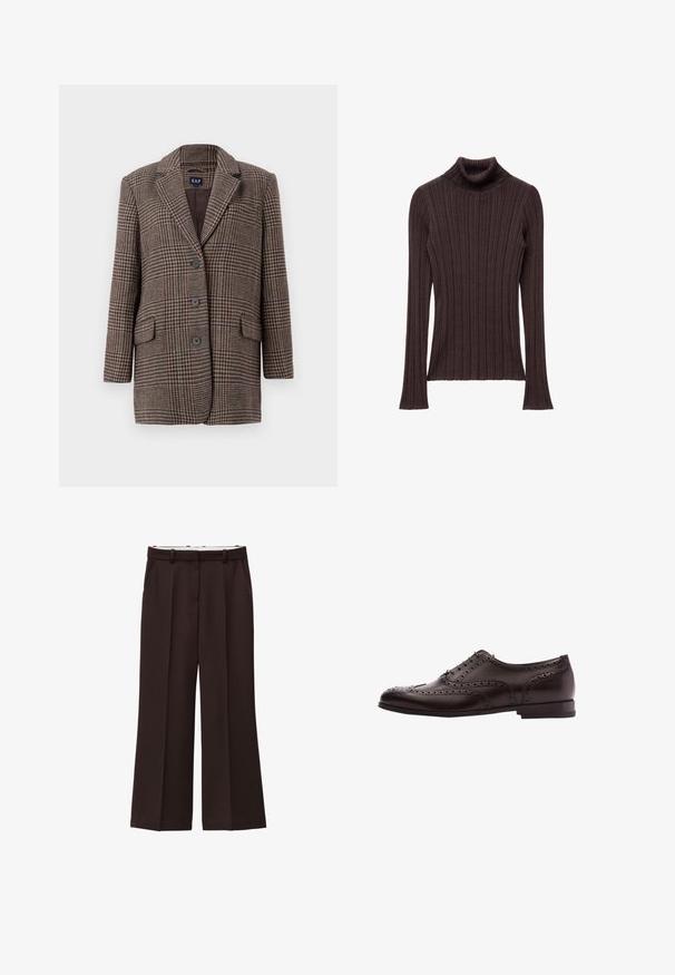 Blazer de cuadro de houndstooth marrón y beige con tres botones, dos bolsillos frontales con solapa y cuello con muesca, colgado sobre un fondo blanco.; Suéter de cuello alto de canalé marrón oscuro con un cuello ajustado y mangas largas, que presenta una tela texturizada y un dobladillo recto.; Pantalones de pierna ancha en tela marrón oscuro, con cintura alta, pinzas dobles y bolsillos laterales. Textura suave con pasadores para cinturón.; Zapato de vestir de cuero marrón con detalles de brogue, cierre con cordones, puntera redondeada y un tacón bajo apilado. Acabado pulido y perforaciones intrincadas.