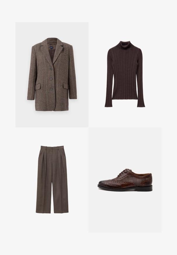Brun og beige houndstooth-checket blazer med tre knapper, to forlommer med klap og krave med hak, hængende mod en hvid baggrund.; Mørkebrun ribbet turtleneck sweater med en tæt siddende krave og lange ærmer, der har en struktureret tekstil og lige kant.; Brune, højtsiddende bukser med vide ben, bæltestropper, læg foran og sidelommer, vist på en hvid baggrund.; Brun læder herre wingtip selskabssko med brogue-detaljer og ternede stofsider, vist fra siden på en hvid baggrund.