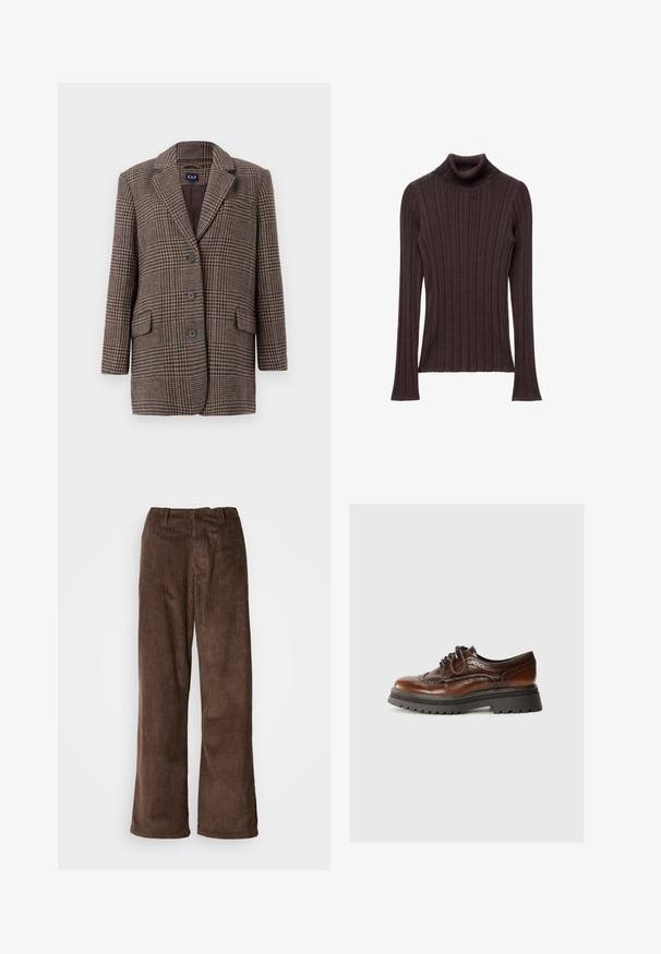 Blazer de cuadro de houndstooth marrón y beige con tres botones, dos bolsillos frontales con solapa y cuello con muesca, colgado sobre un fondo blanco.; Suéter de cuello alto de canalé marrón oscuro con un cuello ajustado y mangas largas, que presenta una tela texturizada y un dobladillo recto.; Pantalones de pana marrones con un diseño de pierna ancha, que presentan costuras verticales y una cinturilla. La tela tiene una apariencia suave y texturizada.; Zapato de cuero marrón con cordones y detalles de brogue, suela de goma y plataforma texturizada negra en contraste. Acabado suave con diseño clásico.