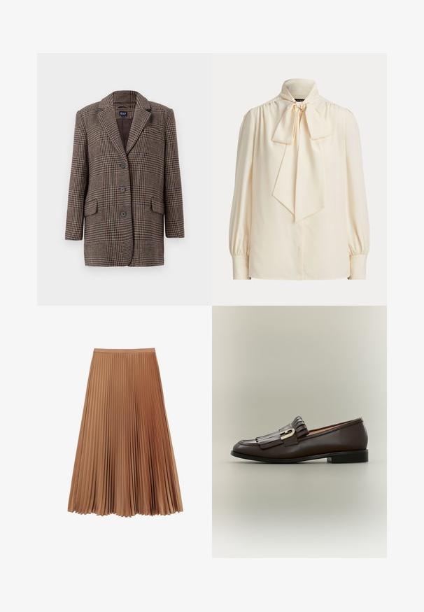 Blazer en pied-de-poule marron et beige avec trois boutons, deux poches à rabat à l'avant et un col à revers, suspendu sur un fond blanc.; Blouse crème à manches longues avec un col montant et un grand nœud noué au cou, avec des épaules froncées et des manches à poignets.; Jupe midi plissée d'une teinte marron clair, fabriquée en tissu lisse, présentant des plis verticaux réguliers et une taille élastique.; Mocassin en cuir marron foncé avec détail à franges et boucle dorée sur fond neutre, vue latérale.