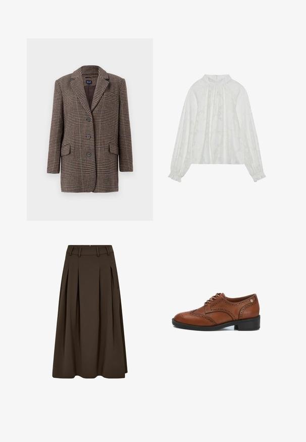 Blazer de cuadro de houndstooth marrón y beige con tres botones, dos bolsillos frontales con solapa y cuello con muesca, colgado sobre un fondo blanco.; Blusa blanca de manga larga, con un patrón floral texturizado, escote fruncido y puños elásticos. Tejido suave y ligero.; Falda marrón plisada hecha de tela suave, con cintura alta con trabillas, bolsillos laterales y una silueta en línea A fluida.; Zapatos de cordones de piel marrón con detalles perforados, puntera redondeada y tacón de goma negra. Presentan una textura suave y un diseño discreto.
