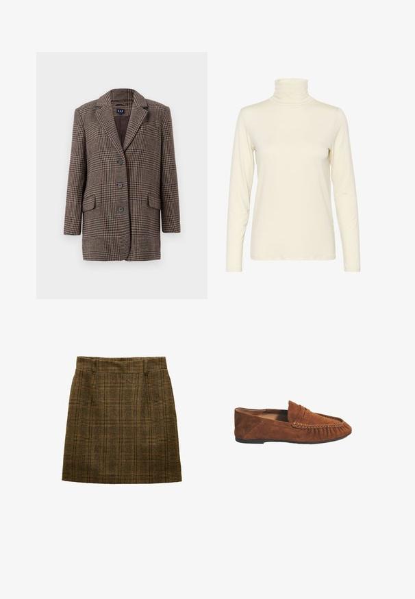 Blazer de cuadro de houndstooth marrón y beige con tres botones, dos bolsillos frontales con solapa y cuello con muesca, colgado sobre un fondo blanco.; Top de manga larga con cuello alto en color blanco roto, fabricado en una suave tela elástica. Diseño ajustado con textura lisa y detalles de costura mínimos.; Falda de lana a cuadros marrón con trabillas para cinturón, corte recto y pliegues sutiles en la parte delantera, diseñada para llevar hasta la altura de la rodilla.; Mocasín para hombre de ante marrón con detalle de costura y correa tipo penny, suela plana de goma y puntera estilo mocasín.