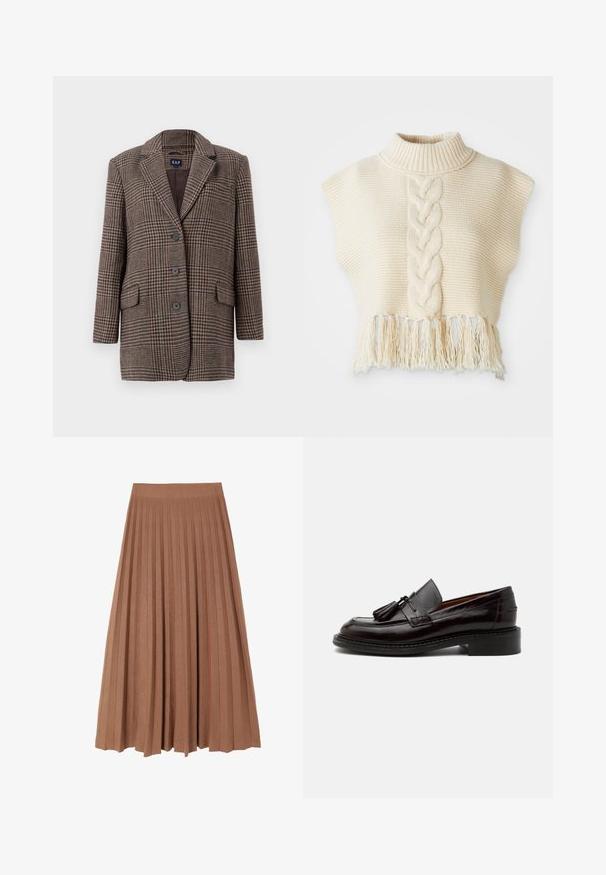 Blazer en pied-de-poule marron et beige avec trois boutons, deux poches à rabat à l'avant et un col à revers, suspendu sur un fond blanc.; Pull en laine ivre avec col montant, présentant un motif tressé central et un ourlet à franges. Manches courtes en style cap, tissu texturé.; Jupe midi plissée marron avec une texture lisse et une large ceinture, présentant des plis verticaux réguliers sur toute sa longueur, créant une silhouette fluide.; Mocassin en cuir marron foncé avec pampilles, détails cousus et un petit talon empilé sur un fond clair uni.
