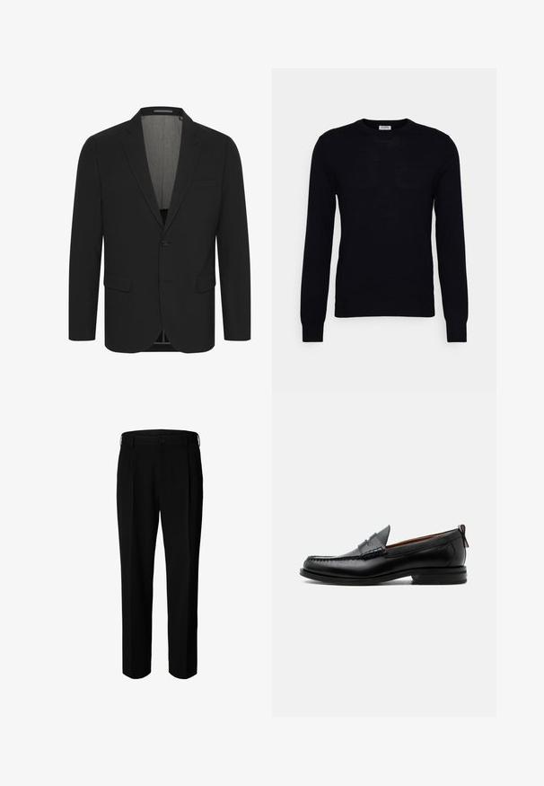 Schwarzer Blazer aus glattem Stoff, mit Reverskragen, zwei vorderen Taschen und einer Zwei-Knopf-Verschluss. Gefüttertes Innenfutter. Minimale Details.; Schwarzer Langarmpullover aus weichem Strickmaterial. Rundhalsausschnitt, gerippte Bündchen und Saum. Minimalistisches Design ohne sichtbare Muster oder Knöpfe.; Schwarze formelle Hose mit Gürtelschlaufen, Frontknopf und Reißverschluss, vor weißem Hintergrund dargestellt.; Schwarzer Leder-Herrenschuh mit Mokassinnaht, Penny-Riemen, strukturiertem Kragen und niedrigem gestapeltem Absatz auf weißem Hintergrund.