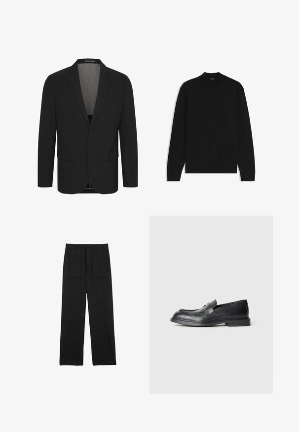 Zwarte blazer van gladde stof, met een notch-kleur, twee voorzakken en een sluiting met twee knopen. Voering aan de binnenkant. Minimum detailing.; Effen zwarte trui met lange mouwen en ronde hals, met geribde boorden en zoom, plat liggend op een witte achtergrond.; Zwarte, wijd uitlopende broek gemaakt van gestructureerde stof met een hoge tailleband en twee zakken aan de voorkant. Voorzien van een bovenste knoop en ritssluiting.; Zwarte leren loafers met een gestructureerde afwerking, voorzien van een decoratieve voorstrik en een afgeronde neus. Rubberzool voor duurzaamheid.