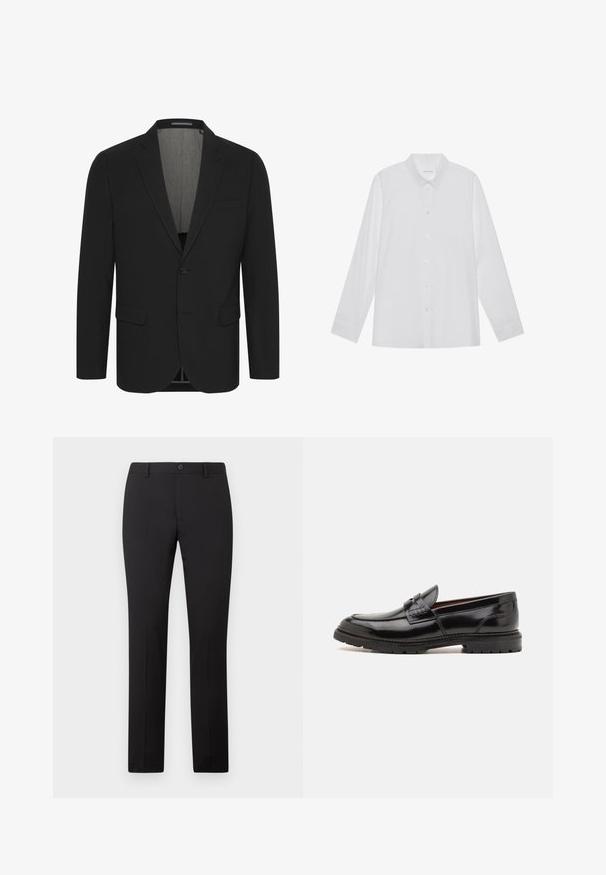 Schwarzer Blazer aus glattem Stoff, mit Reverskragen, zwei vorderen Taschen und einer Zwei-Knopf-Verschluss. Gefüttertes Innenfutter. Minimale Details.; Weiße Langarmbluse aus glattem Stoff, mit spitzem Kragen, Knopfleiste vorne und Ein-Knopf-Manschetten.; Schwarze, maßgeschneiderte Hose mit geradem Bein, ausgestattet mit Knopfverschluss und Gürtelschlaufen. Hergestellt aus glattem Stoff ohne sichtbare Muster.; ALDO ALERIS - Slipper - black