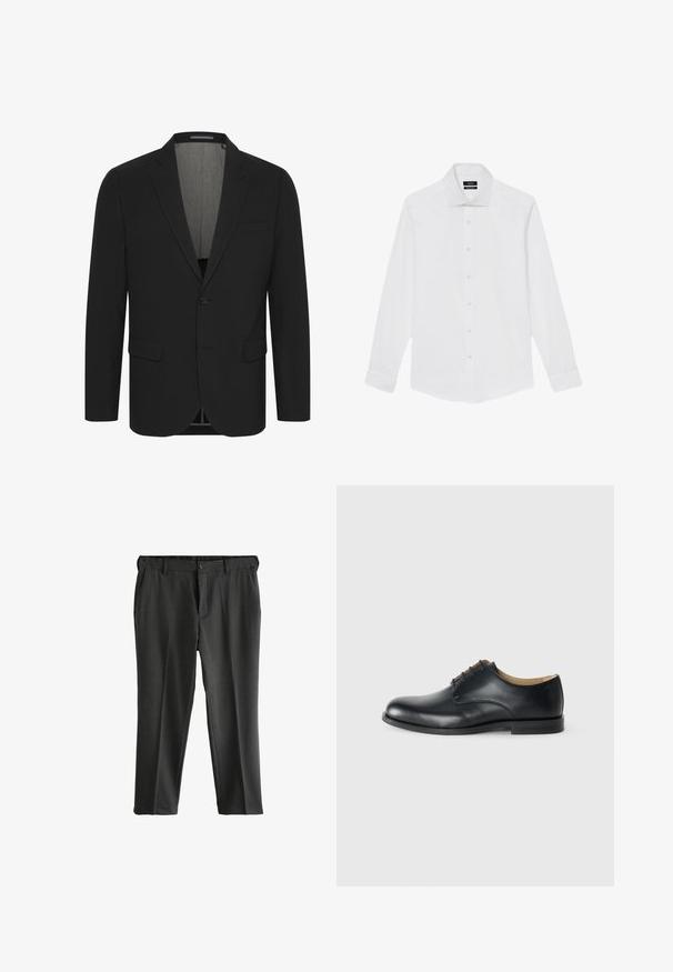 Zwarte blazer van gladde stof, met een notch-kleur, twee voorzakken en een sluiting met twee knopen. Voering aan de binnenkant. Minimum detailing.; Witte lange mouwen herenoverhemd met klassieke kraag en knoopsluiting aan de voorkant, plat uitgespreid tegen een witte achtergrond.; Grijze op maat gemaakte broek met een flat front, twee zijzakken en een knoopsluiting. Gladde stof met een subtiele textuur en persplooien.; Calvin Klein ESS DERBY - Veterschoenen - triple black