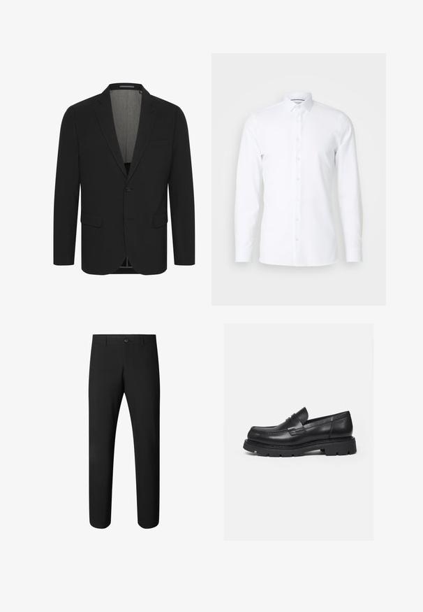 Schwarzer Blazer aus glattem Stoff, mit Reverskragen, zwei vorderen Taschen und einer Zwei-Knopf-Verschluss. Gefüttertes Innenfutter. Minimale Details.; Weißes langärmeliges Hemd aus glattem Stoff mit spitzem Kragen und Knopfverschluss. Keine Muster oder Verzierungen.; Schwarze, eng anliegende Anzughose mit Knopfverschluss und Gürtelschlaufen, für formelle Anlässe oder das Büro.; Schwarzer Lederloafer mit dicker, profilierter Sohle und Pennyriemen-Detail, von der rechten Seitenansicht auf weißem Hintergrund gezeigt.