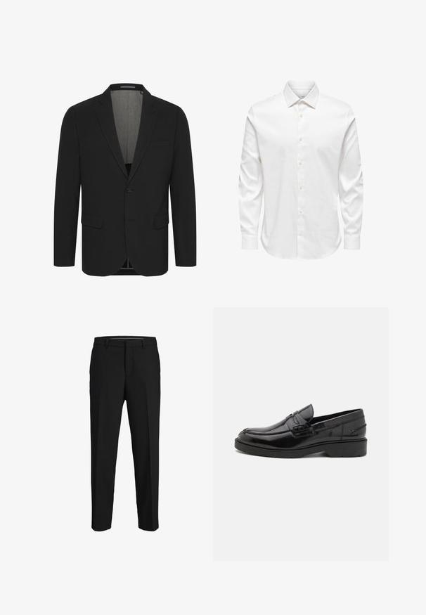 Schwarzer Blazer aus glattem Stoff, mit Reverskragen, zwei vorderen Taschen und einer Zwei-Knopf-Verschluss. Gefüttertes Innenfutter. Minimale Details.; Weißes Herrenhemd mit langen Ärmeln, spitzem Kragen und einer vorderen Reihe weißer Knöpfe auf einfarbigem Hintergrund.; Schwarze Hose aus glattem Material, mit geradem Schnitt, Gürtelschlaufen und flachem Vorderteil ohne sichtbare Muster oder Verzierungen.; Schwarze Lederloafers mit glatter Oberfläche, abgerundetem Zehenbereich, niedrigem Absatz und dekorativer Naht entlang der Vorderseite. Gummisohle für guten Halt.