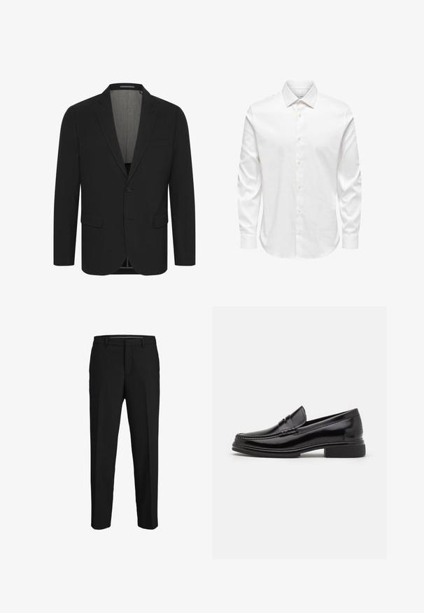 Schwarzer Blazer aus glattem Stoff, mit Reverskragen, zwei vorderen Taschen und einer Zwei-Knopf-Verschluss. Gefüttertes Innenfutter. Minimale Details.; Weißes Herrenhemd mit langen Ärmeln, spitzem Kragen und einer vorderen Reihe weißer Knöpfe auf einfarbigem Hintergrund.; Schwarze Hose aus glattem Material, mit geradem Schnitt, Gürtelschlaufen und flachem Vorderteil ohne sichtbare Muster oder Verzierungen.; Schwarze Lederloafers mit runder Zehenform, ausgestattet mit einer genähten Detail über dem Vorderschaft und einem niedrigen Blockabsatz. Glatte Textur und glänzende Oberfläche.