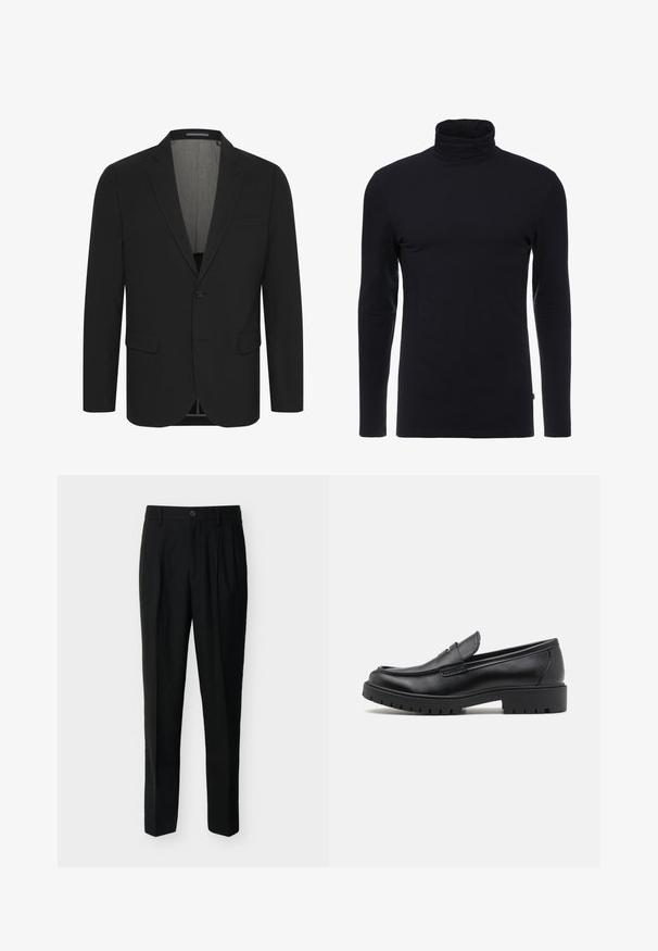 Schwarzer Blazer aus glattem Stoff, mit Reverskragen, zwei vorderen Taschen und einer Zwei-Knopf-Verschluss. Gefüttertes Innenfutter. Minimale Details.; Schwarzes Langarm-Turtleneck-Shirt aus weichem, dehnbaren Stoff. Verfügt über ein tailliertes Design und eine glatte Textur. Keine sichtbaren Muster oder Akzente.; Schwarze, hoch taillierte, maßgeschneiderte Hose mit Gürtelschlaufen, vorderen Falten, Seitentaschen sowie Knopf- und Reißverschluss.; Schwarze Lederloafers mit runder Zehenform, eleganter Schlupfdesign und dicker Gummisohle mit strukturiertem Griff. Erhöhter Absatz und dezente Nähdetails.