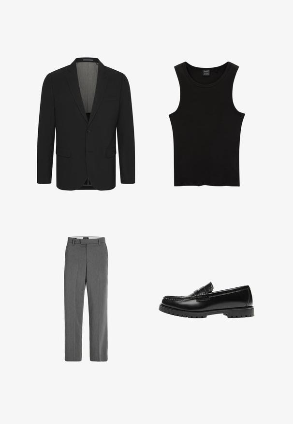 Schwarzer Blazer aus glattem Stoff, mit Reverskragen, zwei vorderen Taschen und einer Zwei-Knopf-Verschluss. Gefüttertes Innenfutter. Minimale Details.; Schwarzes, geripptes Tanktop mit rundem Halsausschnitt und weiten Armausschnitten, aus einem weichen, dehnbaren Stoff. Marke: Pull&Bear.; Graue Hose mit glatter Textur, geradem Bein-Design und subtilen vertikalen Mustern. Mit Gürtelschlaufen sowie vorderen und hinteren Taschen.; Schwarzer Leder-Slipper mit dicker Gummisohle und klassischem Penny-Detail an der Riemen, von der Außenseite gezeigt.