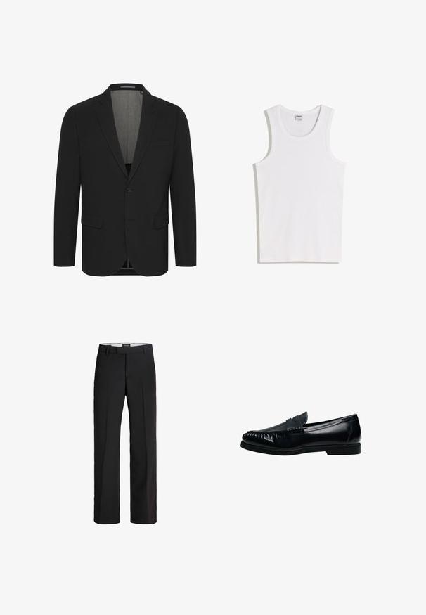 Zwarte blazer van gladde stof, met een notch-kleur, twee voorzakken en een sluiting met twee knopen. Voering aan de binnenkant. Minimum detailing.; Witte katoenen tanktop met een ronde halslijn en brede schouderbanden. Gladde textuur, geen patronen of accenten, eenvoudig ontwerp.; Zwarte broek met een verfijnde pasvorm; heeft een platte voorkant, twee zijzakken en een gladde textuur; gemaakt van een lichtgewicht, ademend materiaal.; Zwarte leren heren penny loafer met gestikte moc toe en lage hak, zijaanzicht op witte achtergrond.
