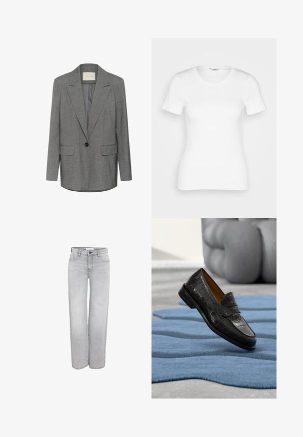 Blazer gris à rayures fines avec un revers cranté, fermeture à un seul bouton noir et deux poches avant. Intérieur doublé d'un tissu lisse.; T-shirt en coton blanc avec des manches courtes, un col rond et une texture côtelée. Design ajusté avec une finition lisse et nette.; Jeans droits gris clair avec poches avant, passants de ceinture et fermeture à bouton, présentés sur un fond blanc.; Mocassin en cuir noir à texture crocodile flottant au-dessus d'un tapis bleu de forme abstraite sur un sol gris clair.