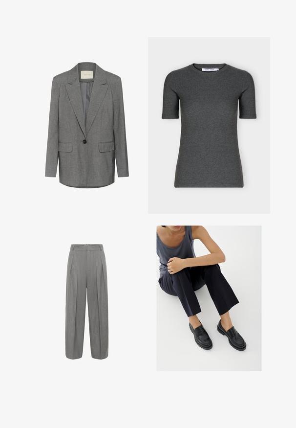 Blazer gris à rayures fines avec un revers cranté, fermeture à un seul bouton noir et deux poches avant. Intérieur doublé d'un tissu lisse.; T-shirt tricoté gris foncé à manches courtes, col rond, coupe ajustée et design uni présenté sur fond blanc.; Pantalons gris à rayures avec une taille haute, une coupe à jambes larges, des plis et une texture douce. Comprend une ceinture avec une fermeture éclair.; Mocassins en cuir noir avec accents texturés, talon bas, bout arrondi, et coutures visibles. Modèle portant un pantalon sombre et un haut gris.