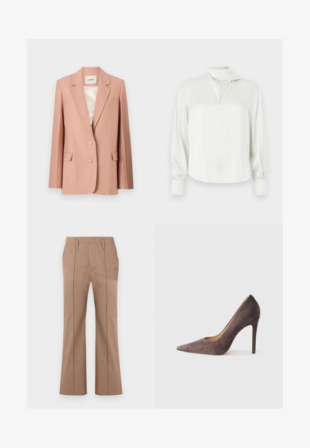 Roze blazer, op maat gemaakt ontwerp, enkelbreasted met twee knopen, klepzakken, notch revers, gladde voering in crème satijn.; Witte satijnen blouse met een hoge kraag, een voorste split, lange mouwen en manchetten met knopen. Gladde textuur en minimalistisch ontwerp.; Beige rechtlopende broek met voorplooien, riemlussen en een hoge taille, weergegeven op een witte achtergrond.; Grijze suède hoge hak pump met een spitse neus en een slanke silhouet. Beschikt over een soepele afwerking en een smalle hak voor een moderne uitstraling.