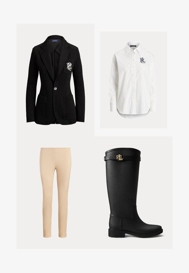 Sort enkeltknaps blazer med hakkede revers, tre forlommer og hvidt broderet logo på brystlommen.; Hvid langærmet skjorte med knapper og spidser krave samt sort broderet logo på venstre bryst.; Beige slim-fit ankellange bukser med en glat finish og uden synlige lommer eller pynt på en ensfarvet baggrund.; Sort knæhøj gummistøvle med lav hæl og en guldfarvet RLL-logo spænde nær toppen på en ensartet lys baggrund.