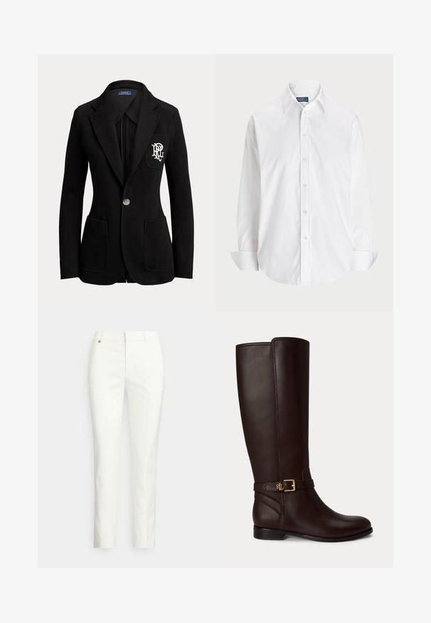 Schwarzer Ein-Knopf-Blazer mit abgestepptem Revers, drei vorderen Taschen und weiß besticktem Logo auf der Brusttasche.; Weißes Langarmhemd aus Baumwolle, mit Button-Down-Kragen, Knöpfen vorne und abgerundetem Saum. Glatte Textur, klassisches Design.; Weiße, maßgeschneiderte Hose mit schlankem Schnitt, verfügt über eine glatte Textur, Gürtelschlaufen und ein kleines goldenes Schmuckdetail. Keine Taschen sichtbar.; Dunkelbrauner kniehoher Lederstiefel mit einer kleinen goldenen Schnalle und dem "RL" Logo am Riemen rund um den Knöchel.