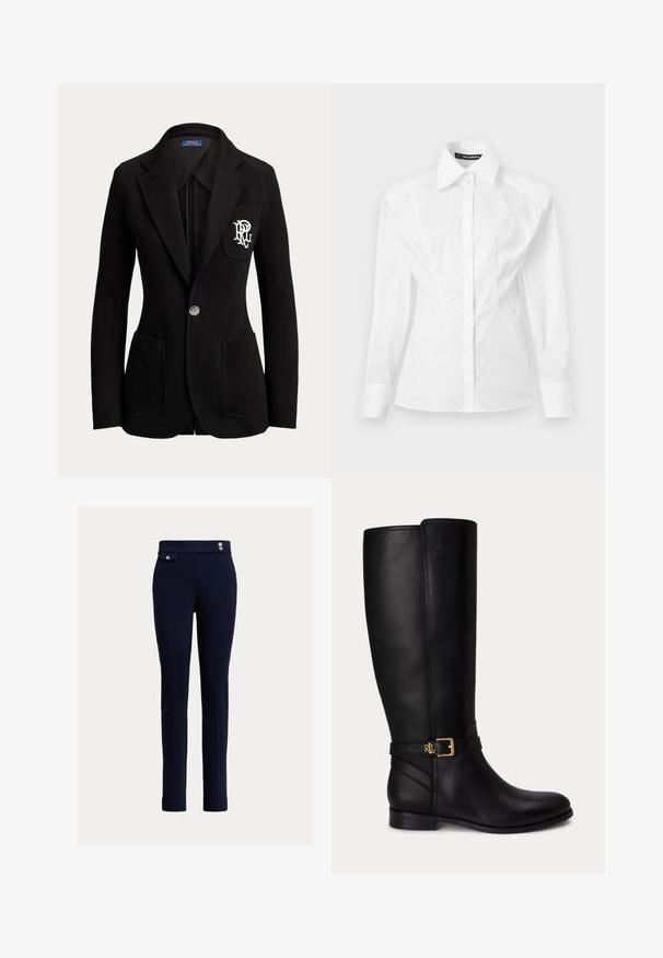Sort enkeltknaps blazer med hakkede revers, tre forlommer og hvidt broderet logo på brystlommen.; Hvid, tætsiddende damebluse med lange ærmer, spidst krave, knaplukning foran og diskret sømdetalje på siderne.; Marineblå slim-fit bukser med høj talje, frontlomme med klap og knap, samt to dekorative knapper på taljebåndet.; Sort knæhøj læderstøvle med lav hæl, guldlås og lille præget logo på sidespændet.