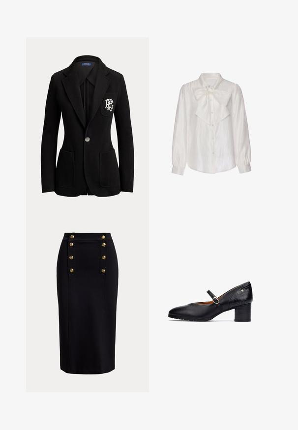 Sort enkeltknaps blazer med hakkede revers, tre forlommer og hvidt broderet logo på brystlommen.; Langærmet hvid satinbluse med perleknapper og stor dekorativ sløjfe bundet ved kraven, tætsiddende manchetter.; Sort knælang pencilskirt med front lodret panel og to rækker af seks gyldne dekorative knapper.; Sorte læder Mary Jane sko med rund tå, ankelrem med en rund spænde og en mid-høj træblok hæl. Teksturerede detaljer på hælen.