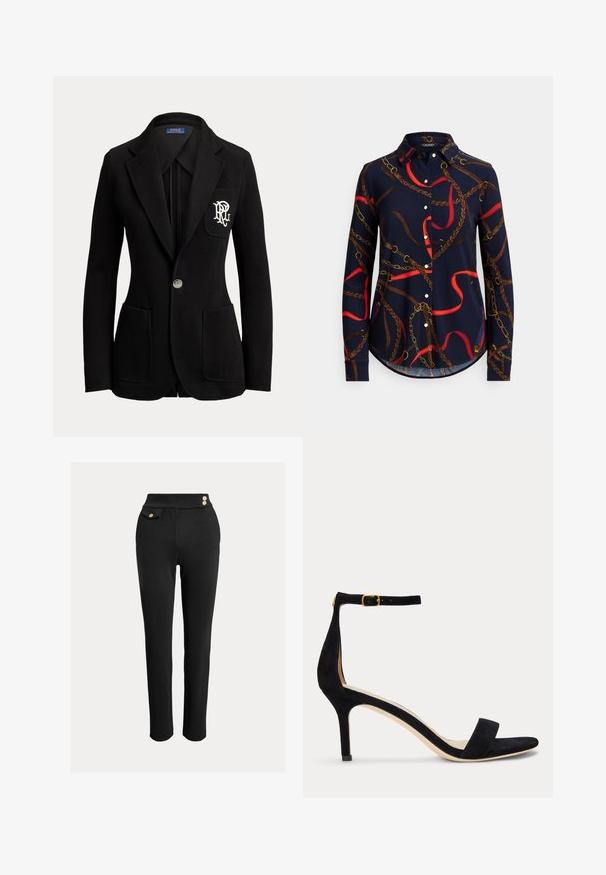 Sort enkeltknaps blazer med hakkede revers, tre forlommer og hvidt broderet logo på brystlommen.; Navyblå langærmet skjorte med knapper, brun fletbælte, røde stropper og gyldent kædemønster.; Sorte slim-fit bukser med høj talje, dekorative guldknapper på taljen og en lille klaplomme på højre side.; Sort ruskind sandal med høje hæle med en tynd ankelstrop og guldlås, åben tå og moderat hælhøjde på en ens hvid baggrund.