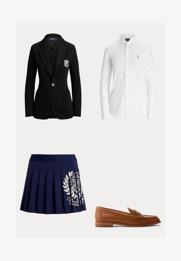 Schwarzer Ein-Knopf-Blazer mit abgestepptem Revers, drei vorderen Taschen und weiß besticktem Logo auf der Brusttasche.; Weißes Hemd mit langen Ärmeln, Knopfleiste, Button-Down-Kragen und kleinem gesticktem Polo-Spieler-Logo auf der Brust.; Marineblauer plissierter Rock mit breitem Bund und weißem Tennis-Wappen-Logo auf der unteren rechten Seite.; Brauner Lederloafer mit niedrigem Holzabsatz, klassischem Pennyriemen und genähten Details entlang der Zehen- und Seitenpartien.