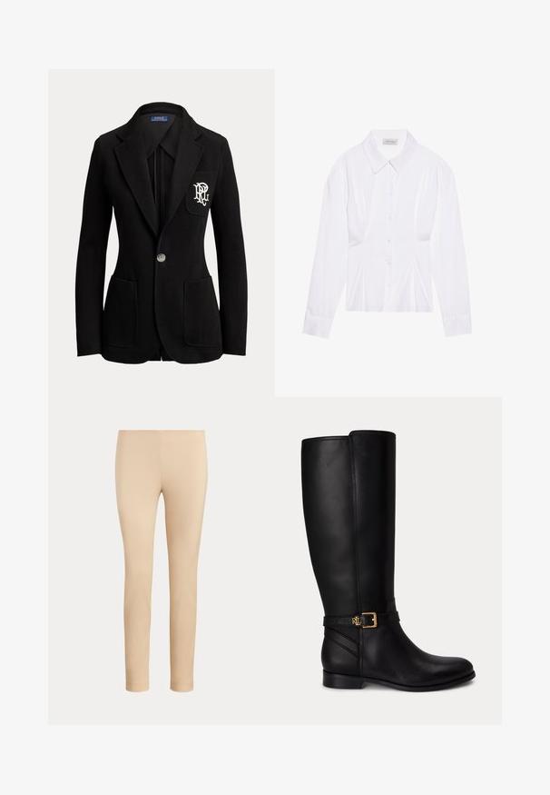 Sort enkeltknaps blazer med hakkede revers, tre forlommer og hvidt broderet logo på brystlommen.; Hvid langærmet bluse med klassisk krave, knaplukning foran og samlede side detaljer. Glat stof med en skræddersyet form.; Beige slim-fit ankellange bukser med en glat finish og uden synlige lommer eller pynt på en ensfarvet baggrund.; Sort knæhøj læderstøvle med lav hæl, guldlås og lille præget logo på sidespændet.
