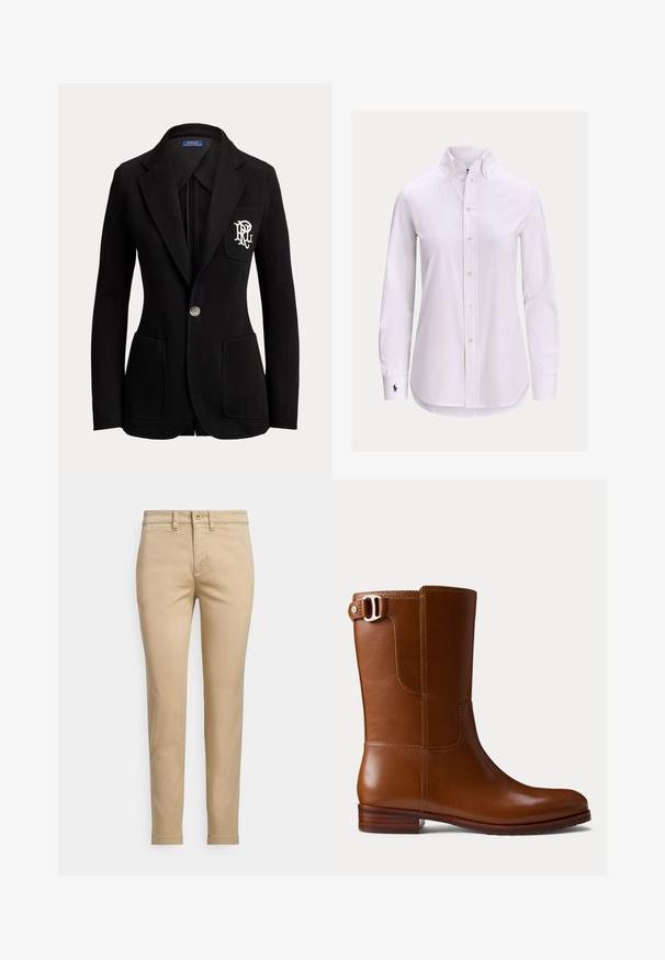 Sort enkeltknaps blazer med hakkede revers, tre forlommer og hvidt broderet logo på brystlommen.; Hvid langærmet skjorte med knapper foran, knappet krave og lille broderet logo på venstre manchet.; Beige bomuldschinos med lige pasform, der har knaplukning, forlommer og syningsdetaljer langs sømmene.; Brun læderankelstøvle med en glat finish, rund tå og dekorative sidespænde. Har en lav træsål og minimale syningsdetaljer.
